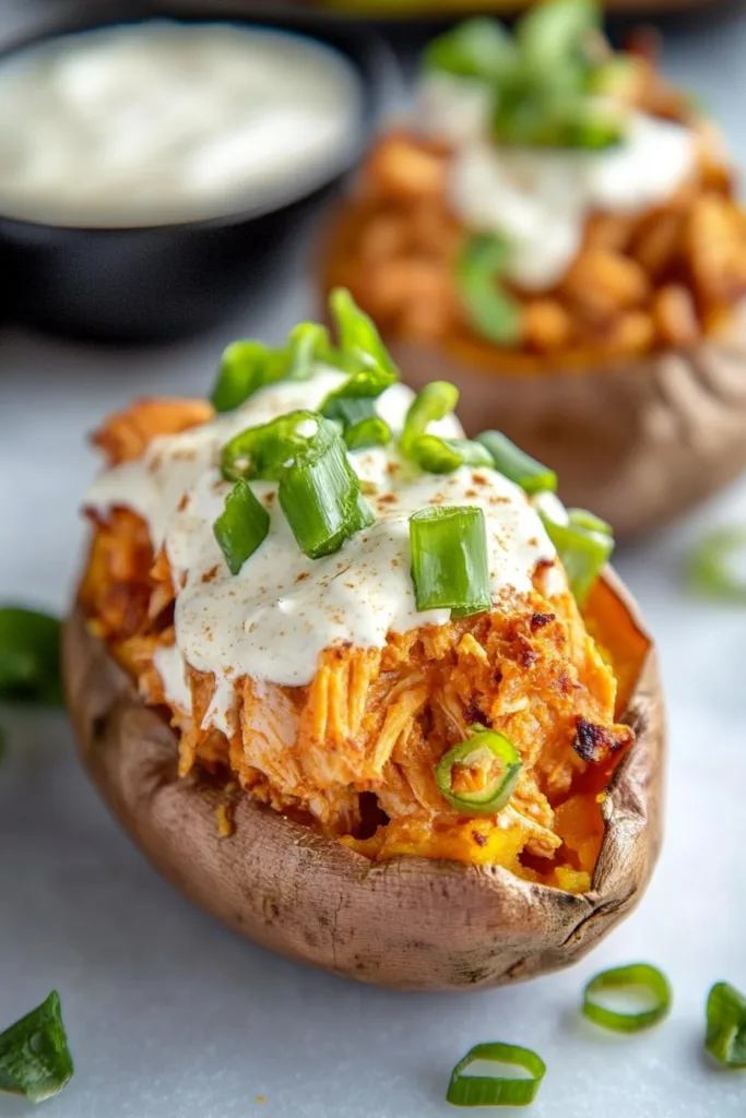 Stuffed Sweet Potatoes with Buffalo Chicken & Ranch